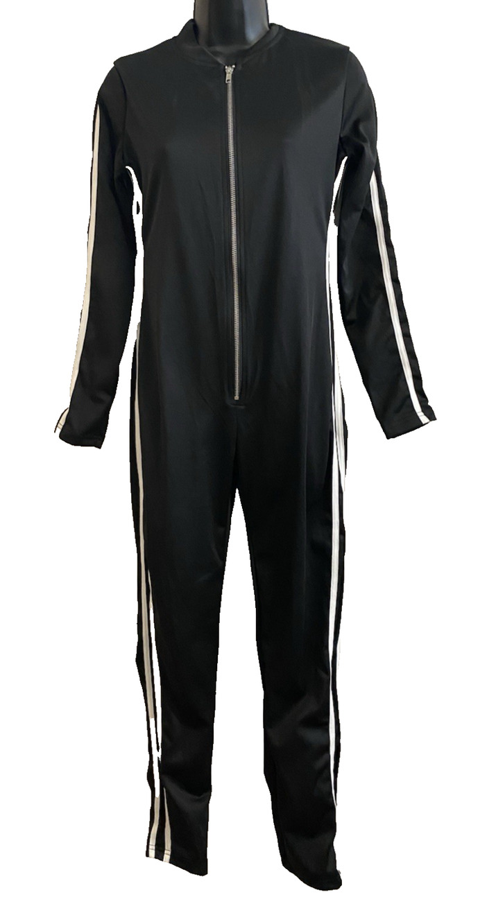 Womens Racer Jumpsuit Small Front Zipper Black Stretch White Side Stripes Jumper